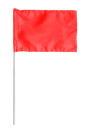 Red blank fabric flag isolated on white backgroundの写真素材