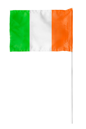 Irish national tricolor hand flag isolated on white backgroundの写真素材