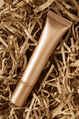 Makeup bronzer blank tube lying in brown packaging filling shredded paperの写真素材