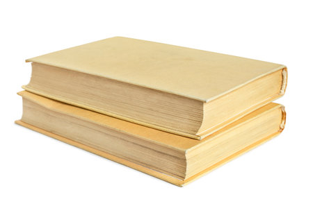 Two old blank cover books with yellow pages isolated on white backgroundの写真素材
