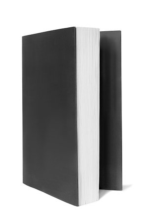 Book with blank black cover standing isolated over whiteの写真素材