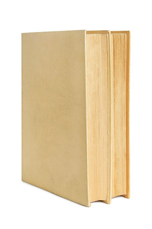 Two old blank cover books with yellow pages standing on white backgroundの写真素材