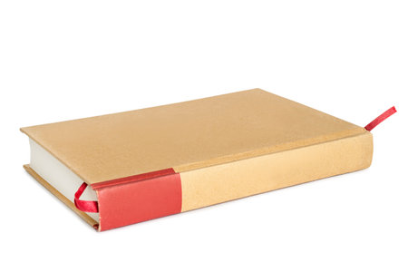 Blank craft paper cover book with lace bookmark lying on white backgroundの写真素材