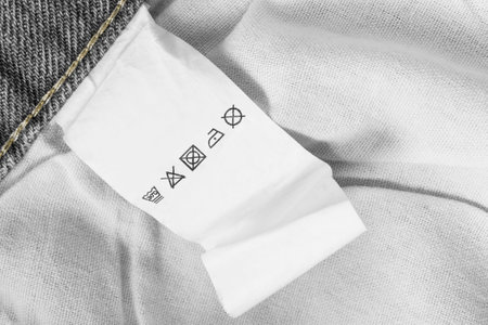 Care instructions clothes label closeup over cotton fabric background closeupの写真素材