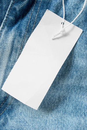 Blank white paper price tag label over light blue denim background closeupの写真素材