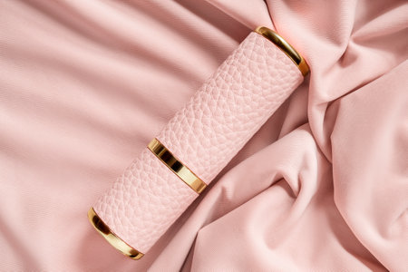 Pink leather lipstick case tube lying on draped pastel pink fabric backgroundの写真素材