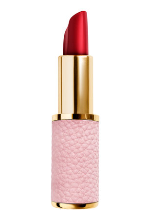 Luxury red lipstick in golden and leather tube isolated over whiteの写真素材