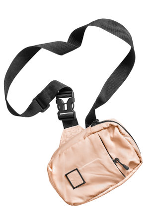 Small beige fabric crossbody bag isolated on white backgroundの写真素材