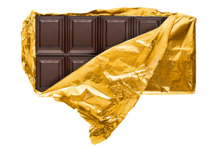 Unwrapped golden foil dark chocolate isolated on white backgroundの写真素材