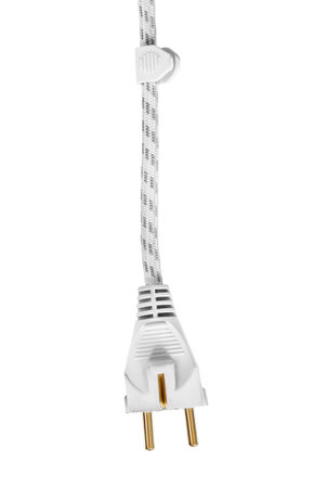 European standard electrical cable plug hanging isolated over white
