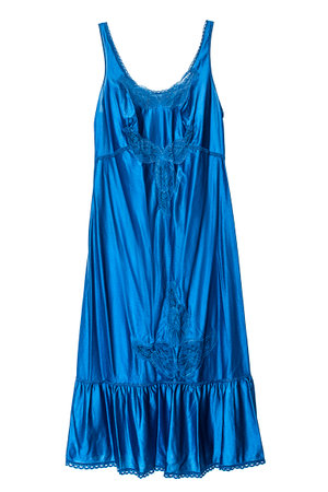 Beautiful blue satin vintage nightdress isolated on white backgroundの写真素材