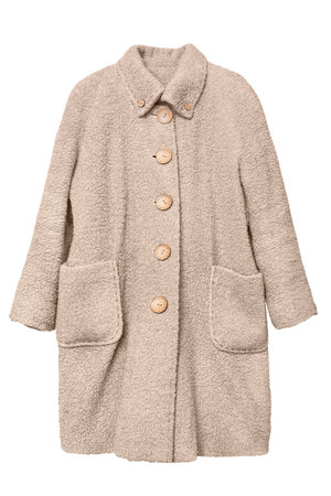 Beige teddy fabric coat with large buttons isolated on white backgroundの写真素材