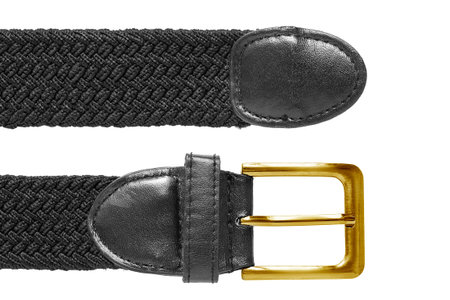 Black braided unfastened belt with golden clasp isolated on white background