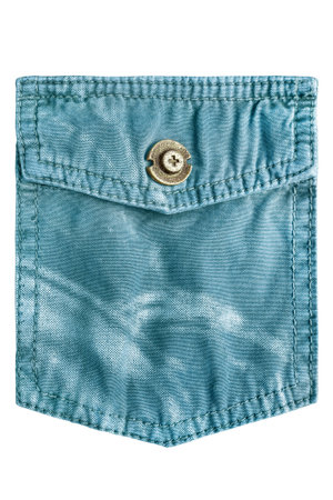 Blue faded cotton jacket flap patch pocket isolated over white