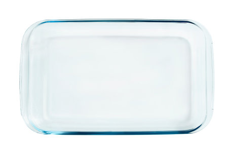 Empty glass baking dish isolated on white background