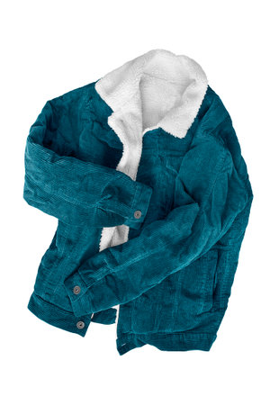 Folded blue corduroy jacket with white fleece inside isolated over whiteの写真素材
