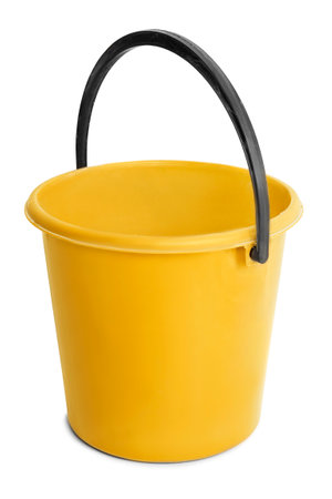 Empty plastic yellow bucket isolated on white backgroundの写真素材