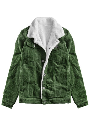 Dakr green corduroy fleece jacket isolated on white backgroundの写真素材