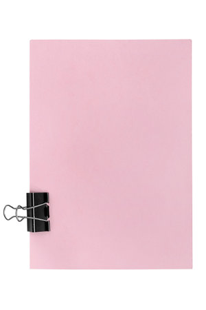 Blank pink paper sheet with one binder clip isolated on white backgroundの写真素材