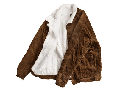 Brown corduroy jacket with white fleece insice isolated on white backgroundの写真素材