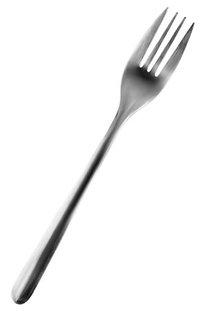 Stainless steel clean fork isolated on white backgroundの写真素材