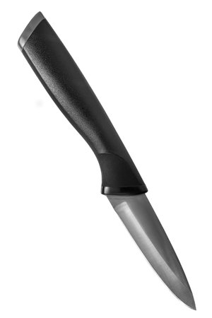 Small stainless steel kitchen knife with black handle isolated over white