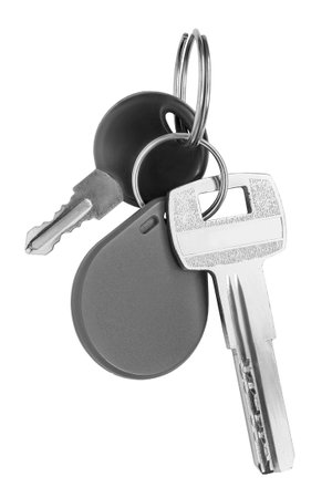 Door keys on a key ring isolated on white backgroundの写真素材