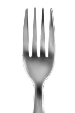 Stainless steel fork closeup isolated over whiteの写真素材