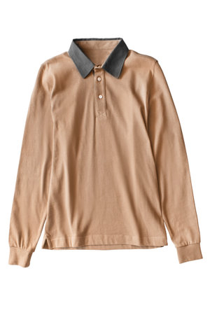 Camel color cotton long sleeve shirt with black collar isolated on white backgroundの写真素材