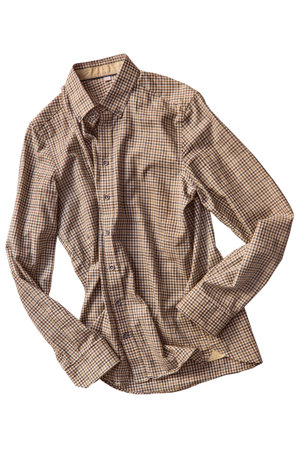 Yellow checkered cotton button down shirt isolated over whiteの写真素材