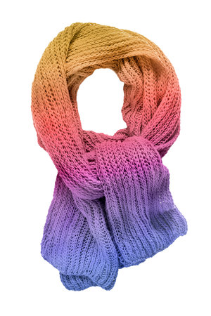 Colorful knit handmade tied wool scarf isolated over white