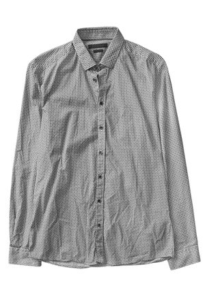 White and black wrinkled silk button down shirt isolated over whiteの写真素材