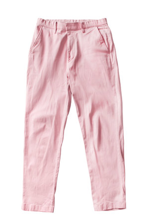 Pastel pink cotton chino pants isolated on white backgroundの写真素材