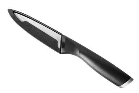 Kitchen cooking knife with a cover isolated on white backgroundの写真素材