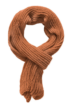 Tied brown handmade knit wool scarf isolated on white backgroundの写真素材