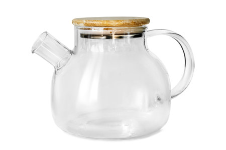Empty glass teapot with bamboo lid isolated on white backgroundの写真素材