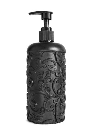 Textured black ceramic pump bottle isolated on white backgroundの写真素材