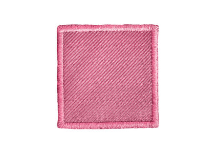 Empty pink fabric square patch isolated on white background