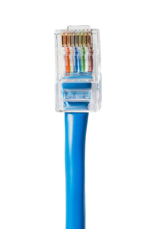 RJ-45 plug ethernet cable closeup isolated on white background