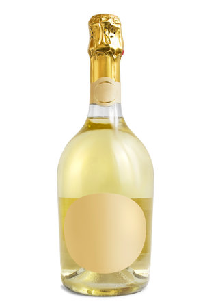 Champagne full bottle standing isolated on white backgroundの写真素材