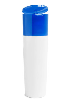 Shampoo blank white and blue plastic bottle standing on white backgroundの写真素材