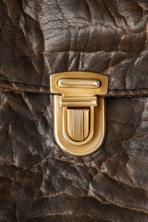 Golden clasp on brown artificial leather bag closeupの写真素材