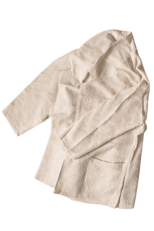 Beige wool jacket folded isolated on white backgroundの写真素材