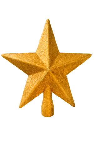 Golden shine christmas tree star topper isolated on white backgroundの写真素材