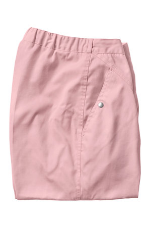 Folded pink cotton pants isolated on white backgroundの写真素材