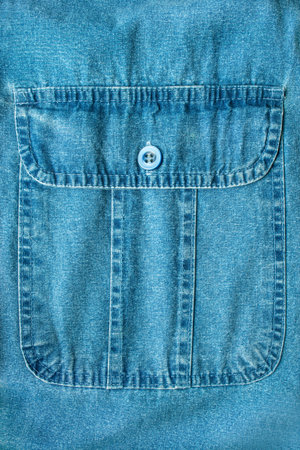 Blue denim fabric patch flap pocket closeup as a background