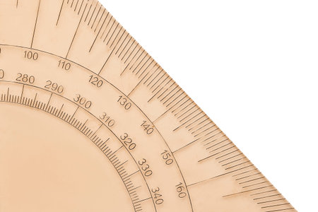 Part of plastic protractor ruler closeup isolated on white background