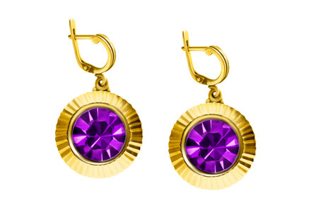 Elegant golden amethyst earrings isolated on white backgroundの写真素材