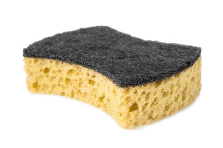 Yellow fiber kitchen sponge isolated on white backgroundの写真素材
