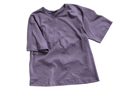 Wrinkled purple basic cotton t-shirt isolated on white backgroundの写真素材